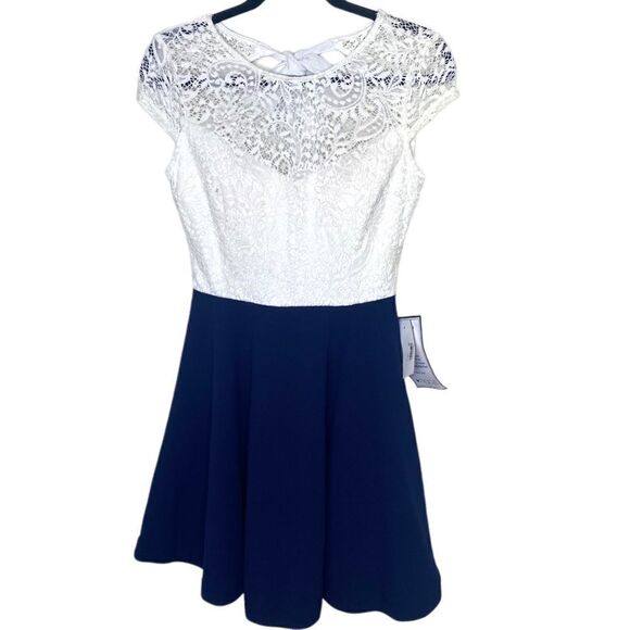 B. Darlin Fit and Flare Ivory Lace and Navy Dress - Picture 2 of 12